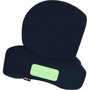 A navy hooded pillow designed for comfort, featuring a smooth surface and a branding logo.