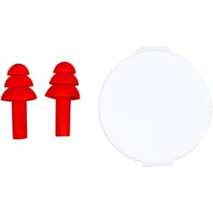 Red earplugs and a round white carrying case. The earplugs are designed with a stacked, conical shape.