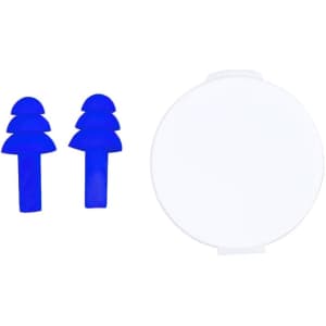 Two blue earplugs and a white storage case, suitable for health and personal use.