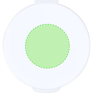 A round white product with a green circular feature in the centre, featuring a logo on the front.