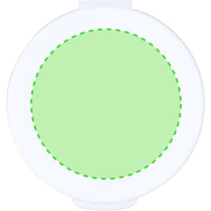 A round green product with a white base and a dotted green outline, featuring a logo.