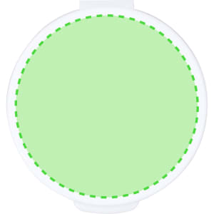 A round product in a light green colour with a white border and green dashed outline. It features a logo.