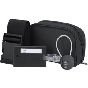 A black travel set including a luggage tag, combination lock, strap, and a zippered pouch.