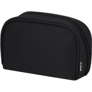 A black travel pouch with a zipper, designed for holding various travel essentials. It features a branding label.