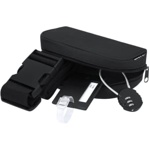 A black travel set including a zippered pouch, adjustable strap, luggage tag, and combination lock.