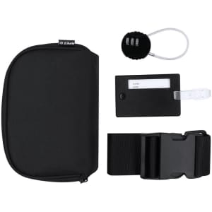 A black travel set featuring a zippered pouch, luggage tag, cable tie, and adjustable strap. Includes a logo.