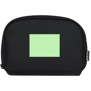 A black travel case featuring a blank green rectangular area, with a small logo on the side.