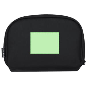 A black travel pouch with a green, rectangular area, featuring a logo on the side.