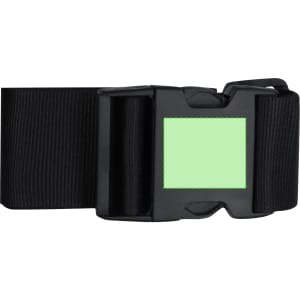 A black luggage strap featuring a sturdy buckle and a green identification area for labels.
