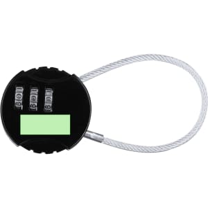 A combination lock with a black casing and a silver cable, featuring three dials for setting the code.