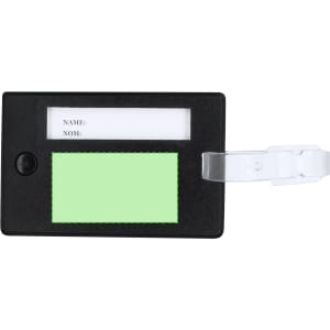 A black luggage tag with a clear window for personal information and a white strap for attachment.