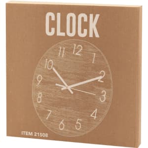 A square packaging with a minimalist design, featuring a wooden wall clock illustration in brown and white.