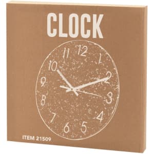 A wall clock with a round face, white markings, and hands on a textured brown background. It includes branding.