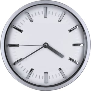 A wall clock featuring a round silver frame, white face, and black hour and minute hands.