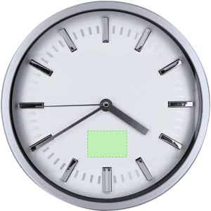A white wall clock with silver accents and black hour markers, featuring a simple design and a logo in the centre.