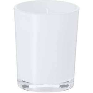 A white aromatic candle in a clear glass holder, featuring a sleek and minimalist design.