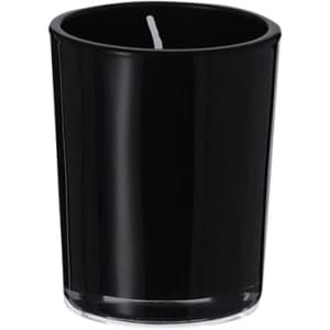 A black aromatic candle in a sleek glass holder with a white wick. Suitable for home decor.