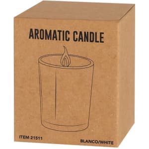 A decorative box containing a white aromatic candle, featuring a simple illustration of the candle with a flame.