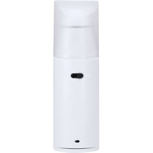 A white portable fan with a sleek design and a small power switch, featuring a transparent top section.