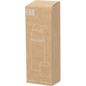 A brown cardboard box containing a black and white Sanler Fan. The box features a simple design and a logo.