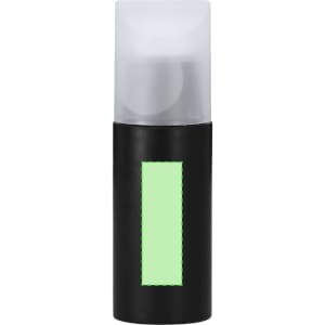 A sleek black spray bottle with a transparent lid and a green rectangular label. It features a logo on the front.