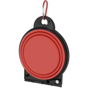 A foldable bowl in red and black with a carabiner, designed for pet accessories.