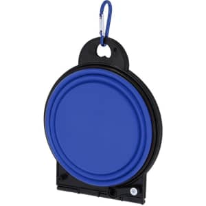 A foldable bowl in blue with a black clip for easy attachment. It features a sleek, compact design for pets.