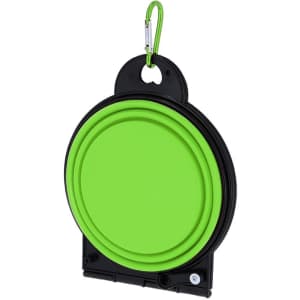 A foldable pet bowl in green and black with a carabiner for easy attachment, featuring a branding logo.