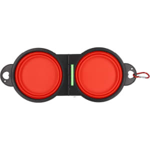 A foldable pet bowl in black and red, featuring two compartments and a clip for easy attachment.