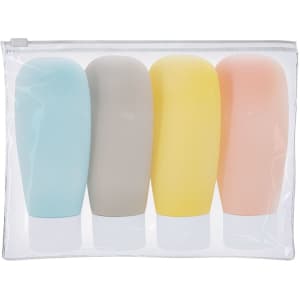 A transparent pouch containing four travel-sized toiletry bottles in blue, grey, yellow, and peach.
