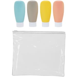 A clear toiletry bag with four silicone travel containers in blue, grey, yellow, and peach. The bag has a zip closure.