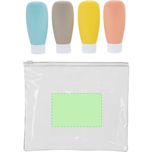 A clear toiletry bag with four squeezable travel bottles in blue, grey, yellow, and peach. The bag has a logo.