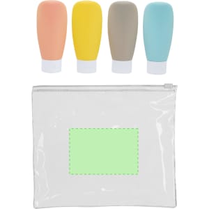 A clear toiletry bag with four pastel-coloured travel bottles in peach, yellow, grey, and blue, featuring a logo.