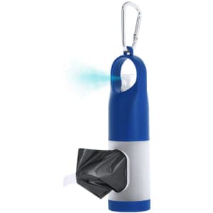 A waste bag dispenser in blue and white, featuring a carabiner for easy attachment and a black waste bag compartment.