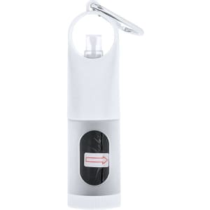 A white waste bag dispenser with a keyring attachment and a button for easy access to bags.