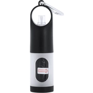 A black and white waste bag dispenser with a keychain attachment and a button for dispensing bags.
