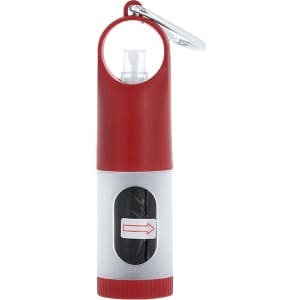 A red and white waste bag dispenser with a keyring attachment, featuring a button for dispensing bags.