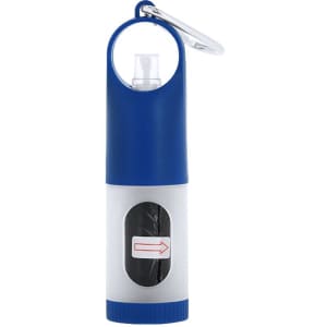 A pet waste bag dispenser in blue and white, featuring a keychain attachment and a small transparent opening.