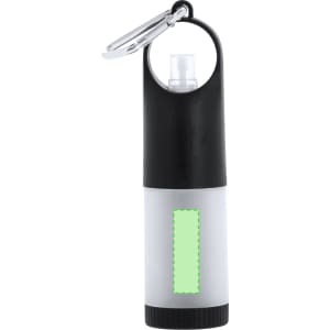 A black and clear waste bag dispenser with a keychain attachment, featuring a transparent section for visibility.
