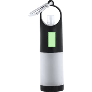 A waste bag dispenser in black and grey, featuring a clip for easy attachment and a branding logo.