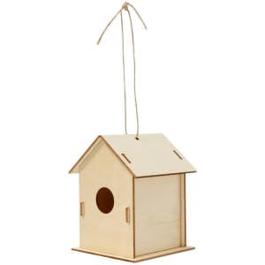 A wooden birdhouse with a slanted roof and a circular entrance, featuring a natural finish and hanging twine.