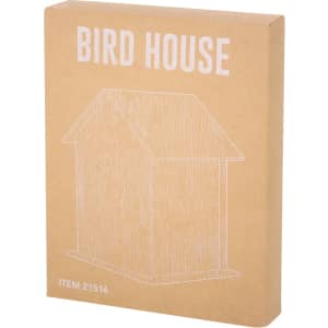 A birdhouse product packaged in a simple, brown cardboard box with a line-drawn illustration of a birdhouse.