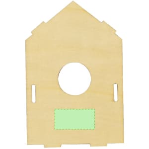 A wooden birdhouse base in a light colour with a circular entrance and a blank area for customisation.