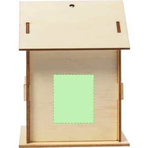 A wooden birdhouse with a plain design, featuring a slanted roof and a square opening. It has a branding logo.