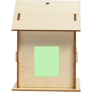 A wooden birdhouse with a flat roof and an empty square space on the front for customisation.
