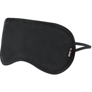 A black eye mask with an elastic strap, featuring a logo. Ideal for sleep and relaxation.