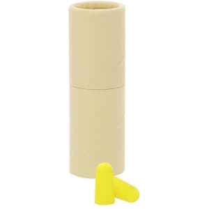 A beige cylindrical container holding yellow earplugs, with two earplugs visible outside the container.