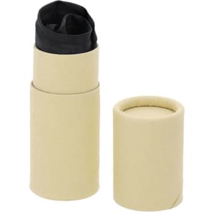 A travel set featuring a cream-coloured cylindrical holder with a black top, designed for compact storage.