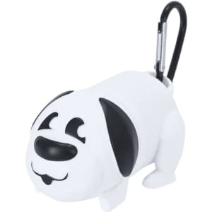 A white dog-shaped waste bag dispenser with a black clip and details, featuring a cheerful dog face design.