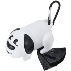 A white and black dog-shaped waste bag dispenser with a black bag attached, featuring a carabiner clip.